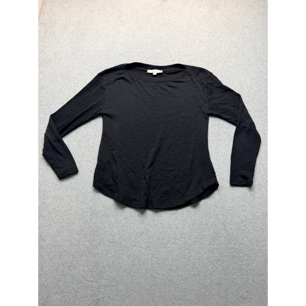 Loft Womens Small Black Long Sleeve Boat Neck Slub Knit Curved Hem Tee Top